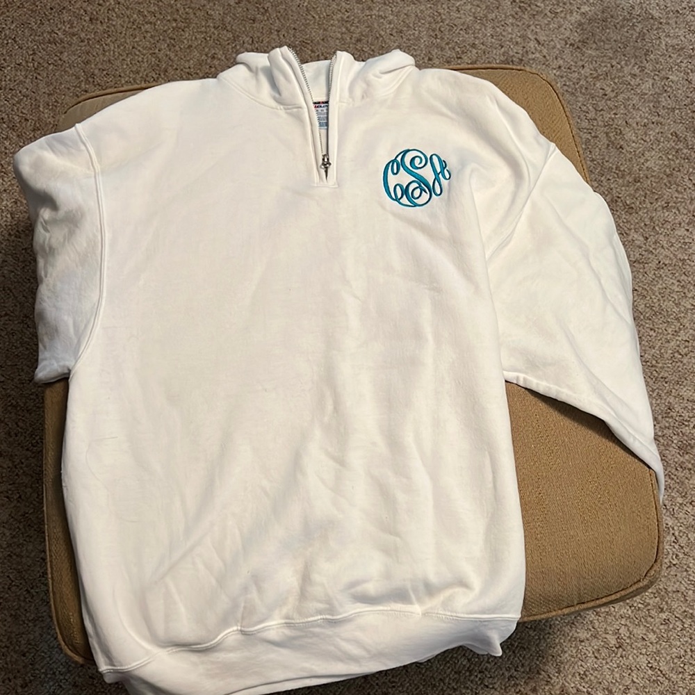 Jerzees , XL, white 1/4 zip. Monogram initials CAS